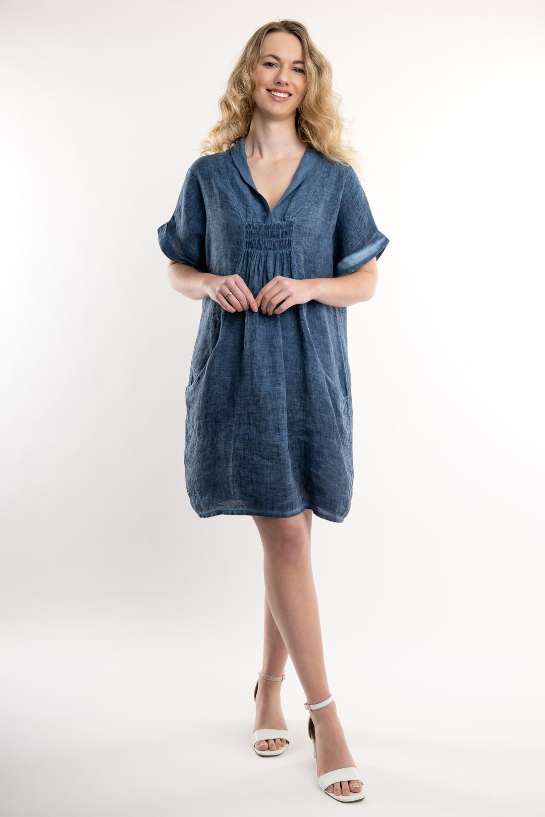 French Linen Dress Vintage Wash Shawl Neck - Breathable Naturals | Glam & Fame Clothing