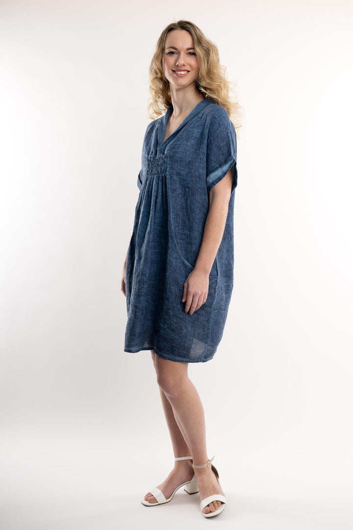 French Linen Dress Vintage Wash Shawl Neck - Breathable Naturals | Glam & Fame Clothing
