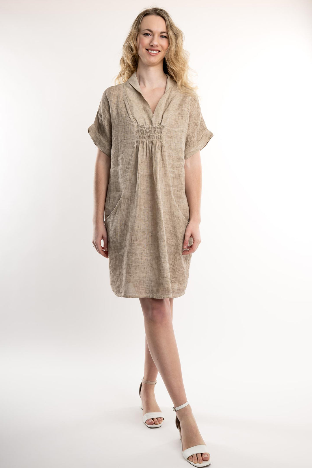 French Linen Dress Vintage Wash Shawl Neck - Breathable Naturals | Glam & Fame Clothing
