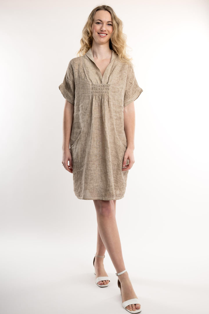 French Linen Dress Vintage Wash Shawl Neck - Breathable Naturals | Glam & Fame Clothing