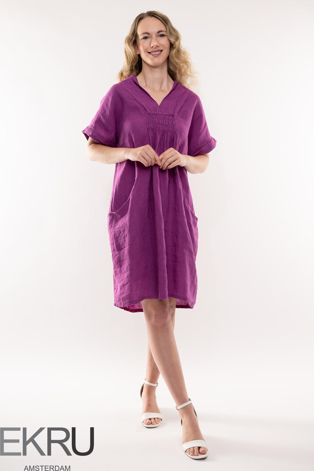 French Linen Dress Shawl Neck - Breathable Naturals | Glam & Fame Clothing