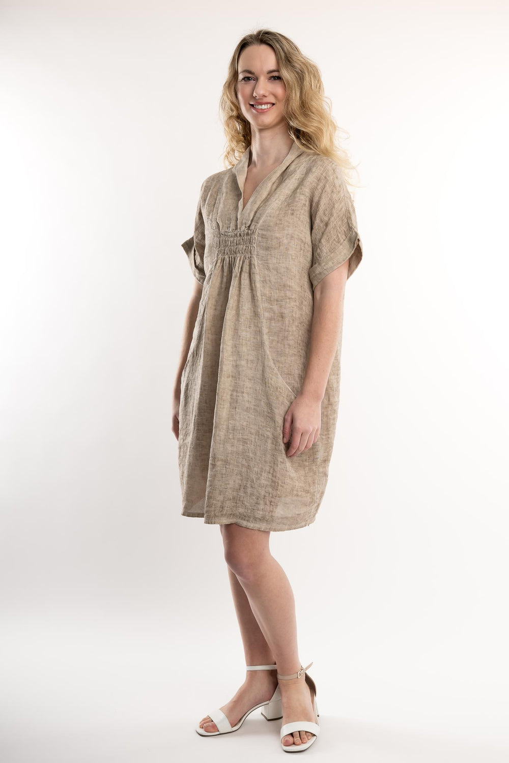 French Linen Dress Vintage Wash Shawl Neck - Breathable Naturals | Glam & Fame Clothing