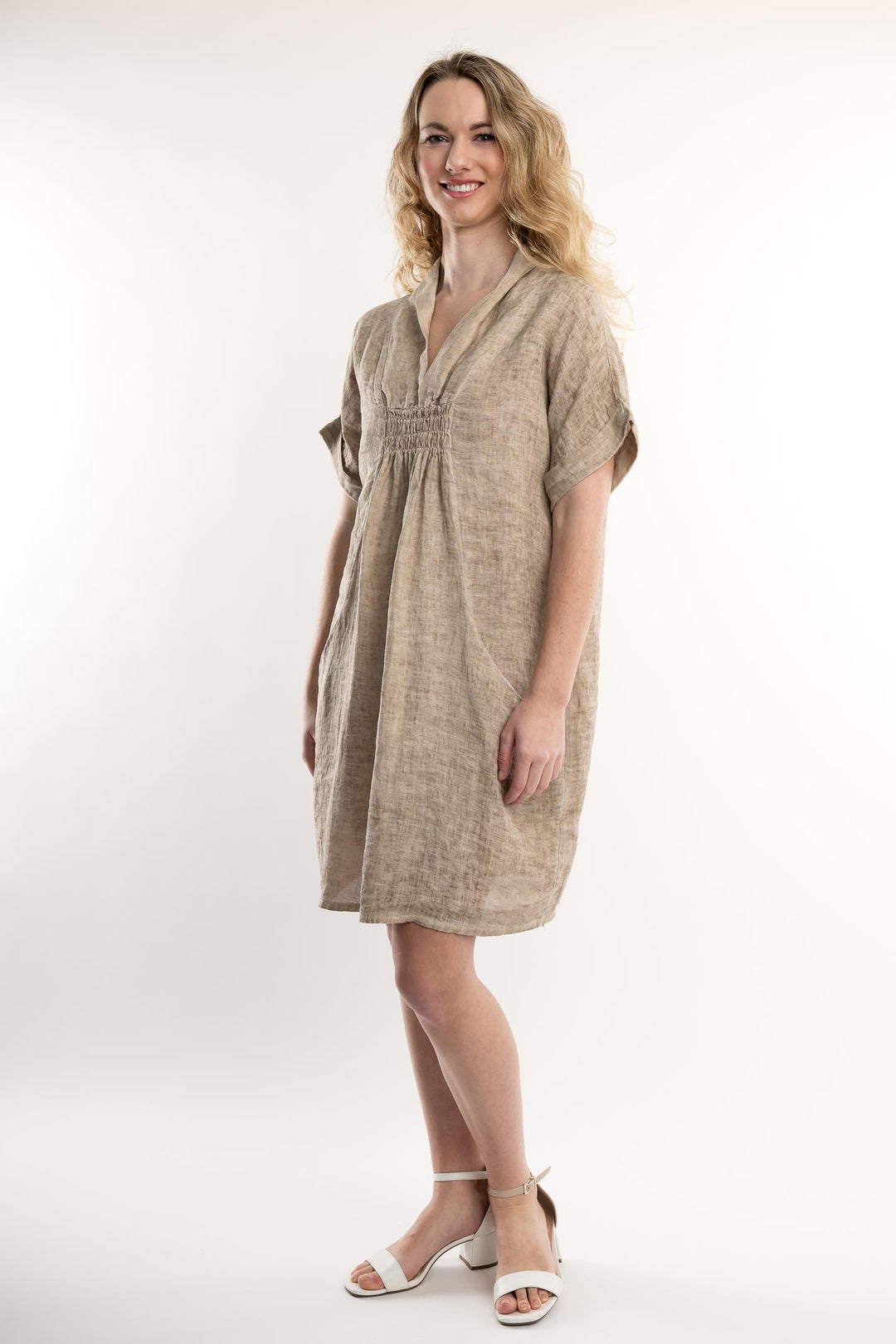 French Linen Dress Vintage Wash Shawl Neck - Breathable Naturals | Glam & Fame Clothing