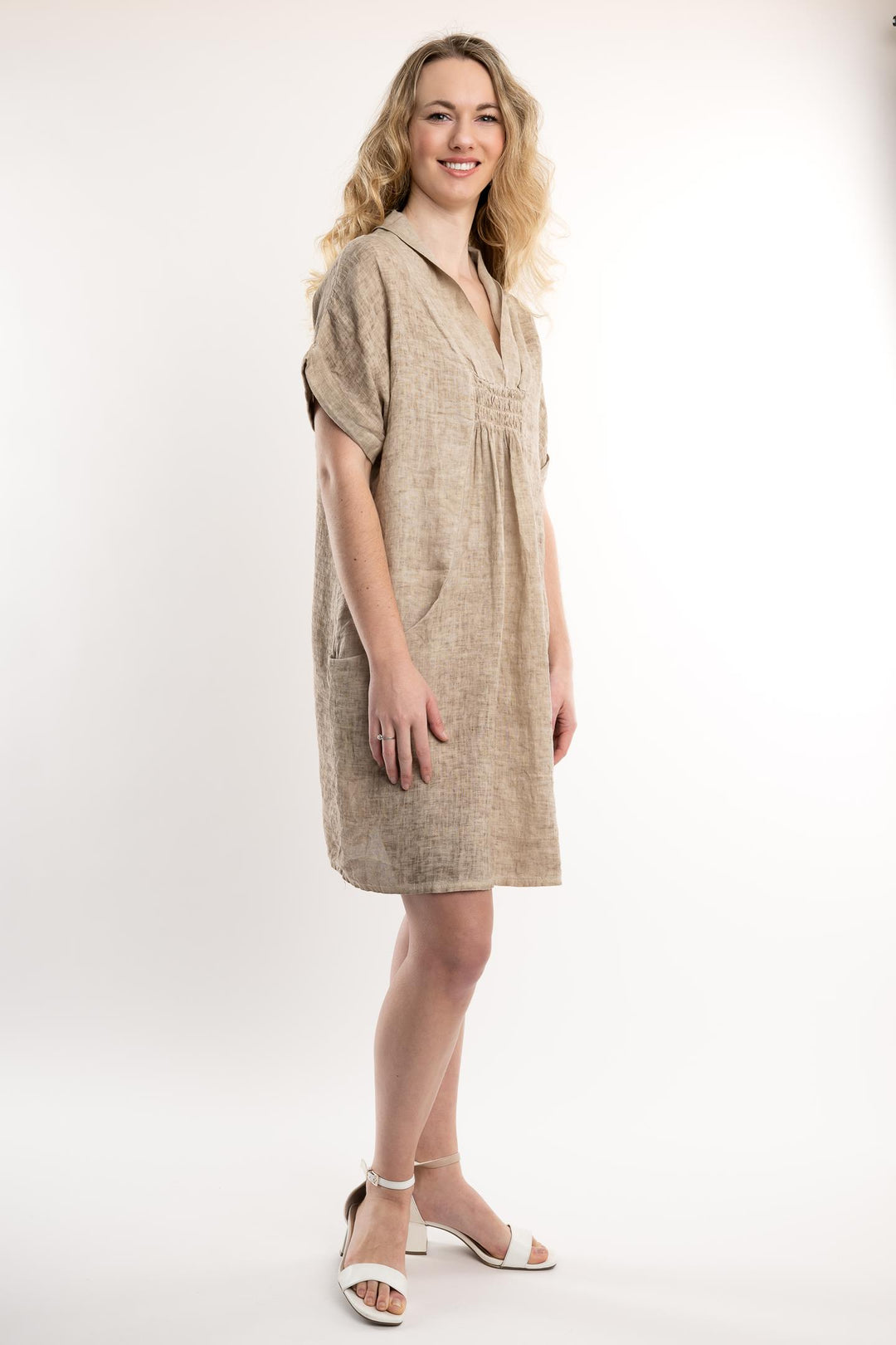 French Linen Dress Vintage Wash Shawl Neck - Breathable Naturals | Glam & Fame Clothing