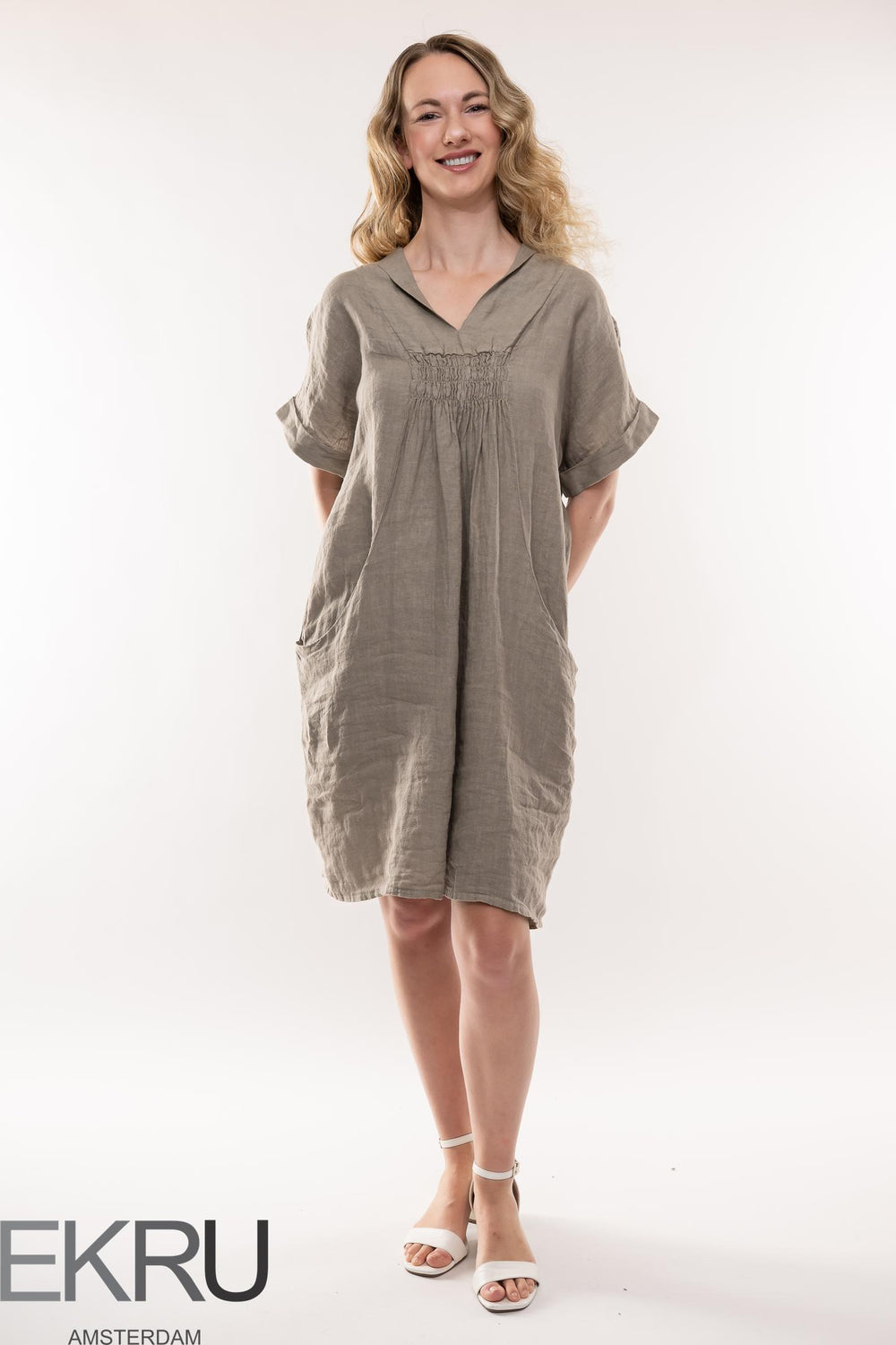 French Linen Dress Shawl Neck - Breathable Naturals | Glam & Fame Clothing
