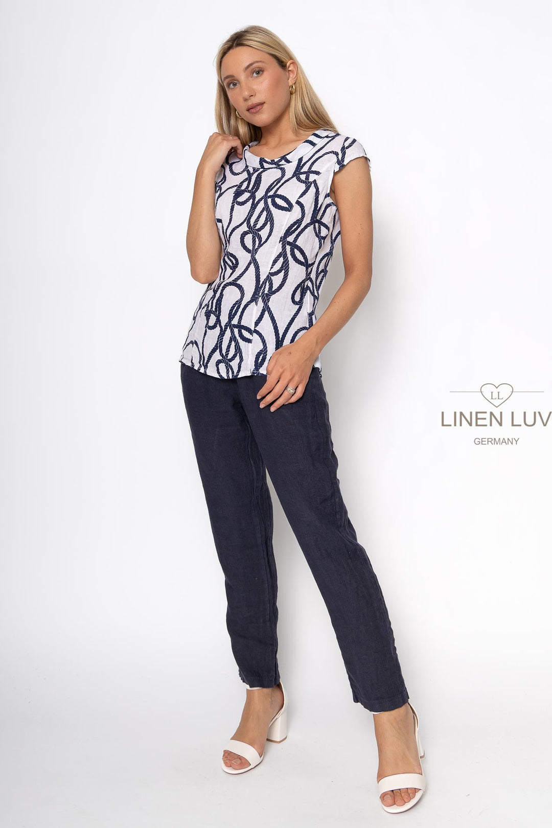 French Linen Cap Sleeve Blouse Nautical Print - Breathable Naturals | Glam & Fame Clothing