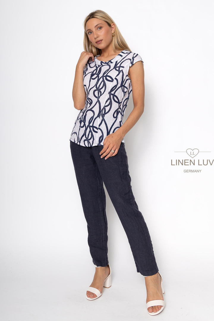 French Linen Cap Sleeve Blouse Nautical Print - Breathable Naturals | Glam & Fame Clothing