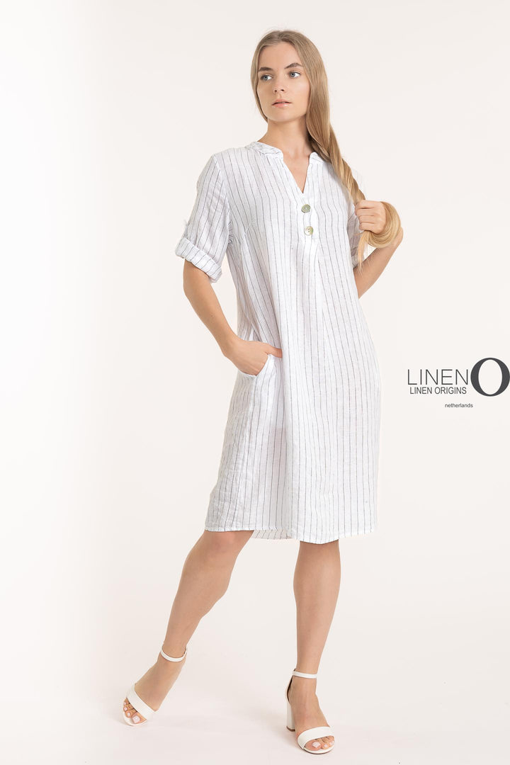 French Linen Pinstripe Dress - Breathable Naturals | Glam & Fame Clothing