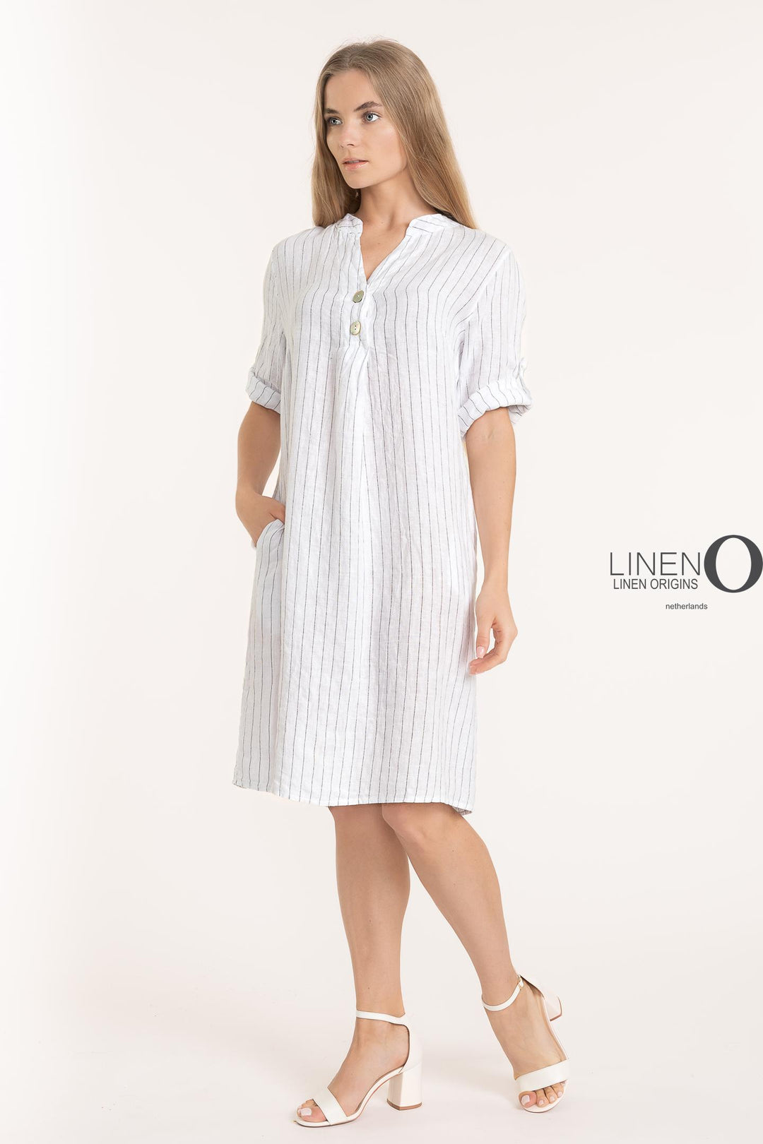 French Linen Pinstripe Dress - Breathable Naturals | Glam & Fame Clothing