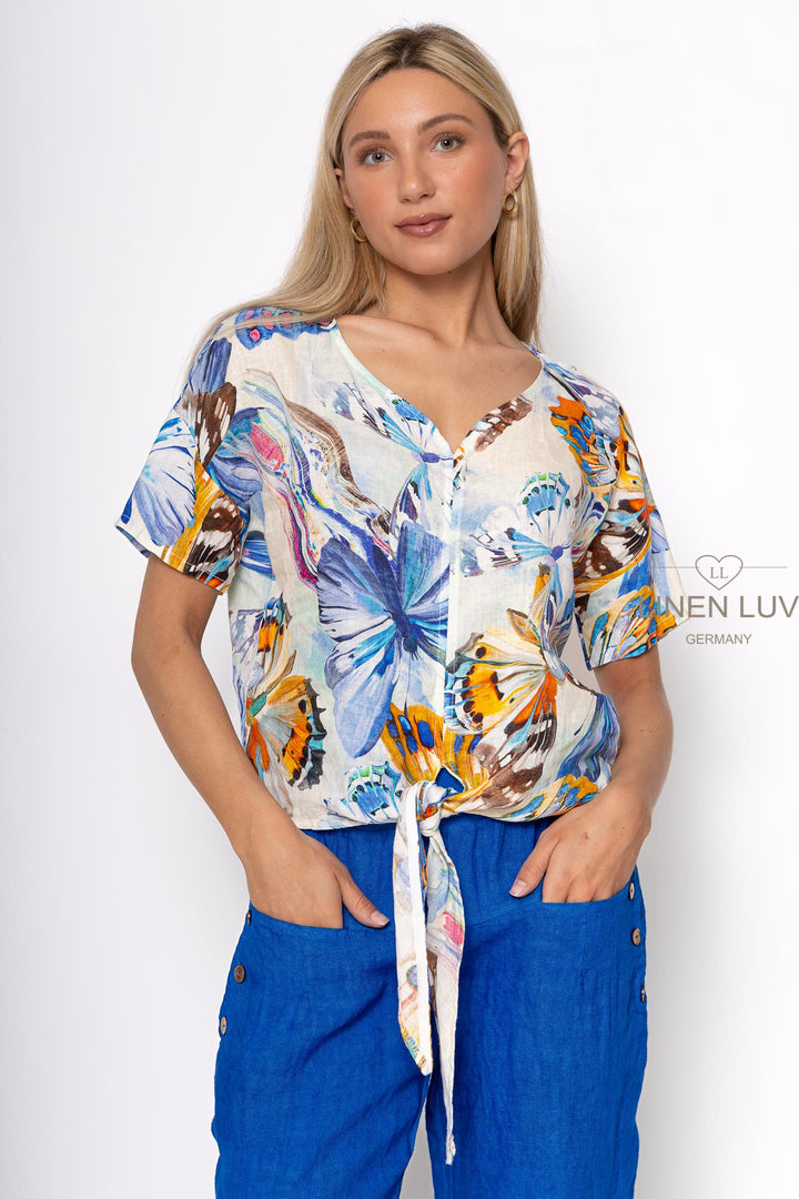 French Linen Butterfly Tie Blouse - Breathable Naturals | Glam & Fame Clothing