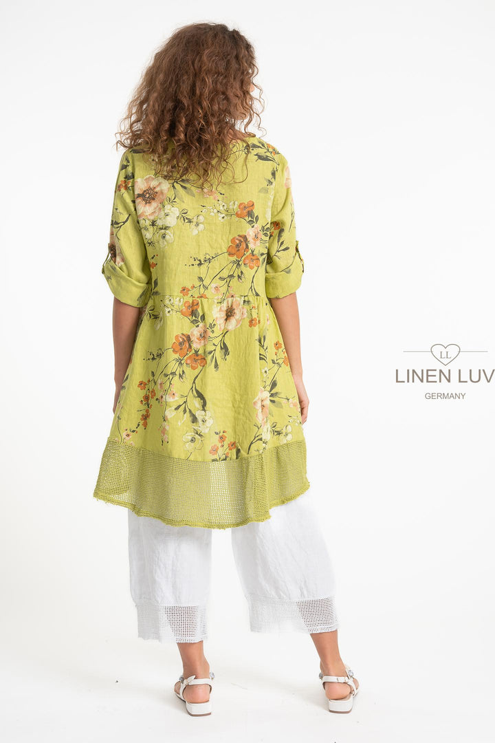 French Linen Tunic Print Crochet Hem - Breathable Naturals | Glam & Fame Clothing