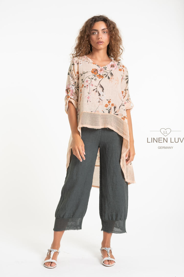 French Linen Tunic Print Crochet Hem - Breathable Naturals | Glam & Fame Clothing