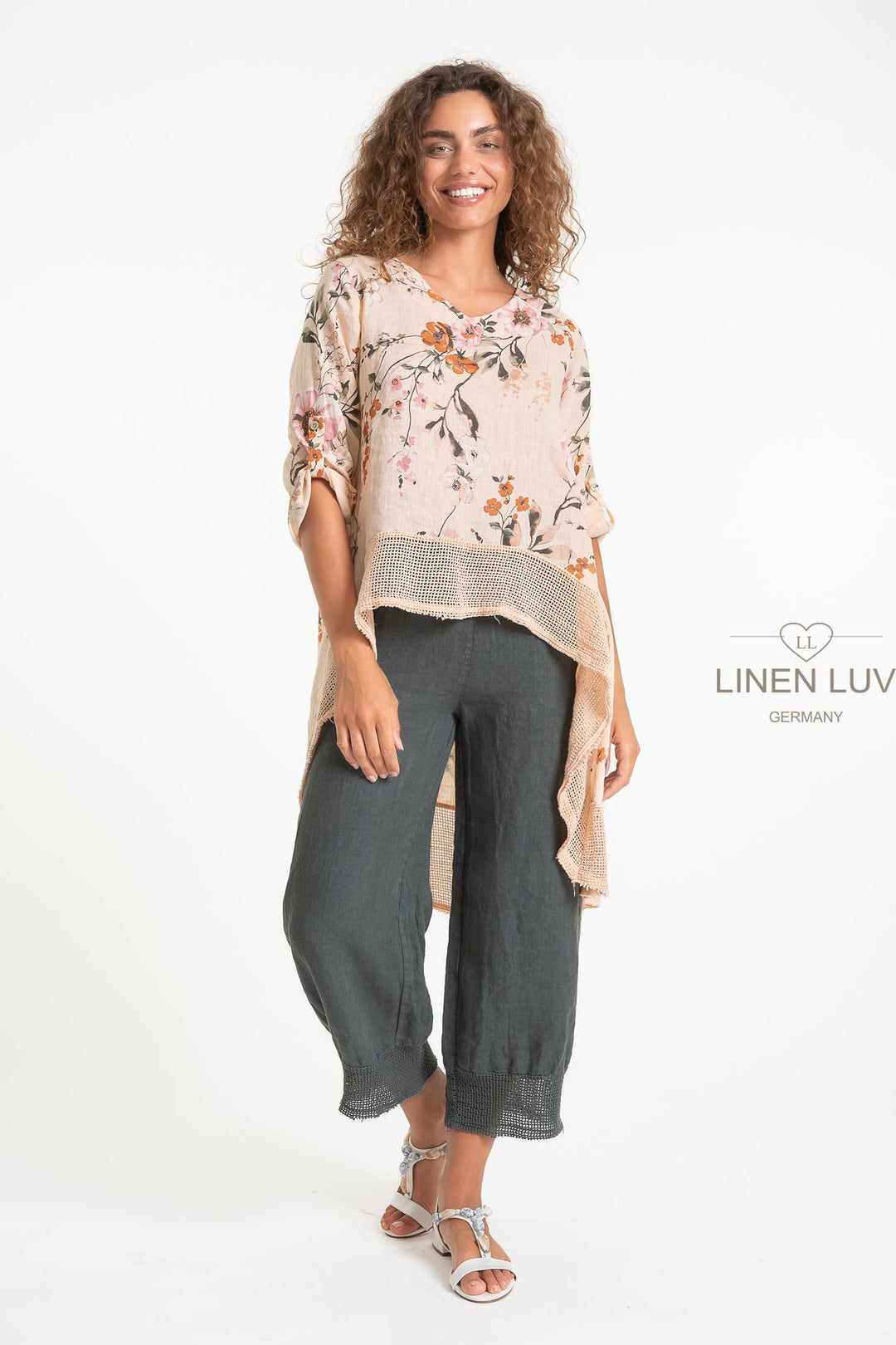 French Linen Tunic Print Crochet Hem - Breathable Naturals | Glam & Fame Clothing