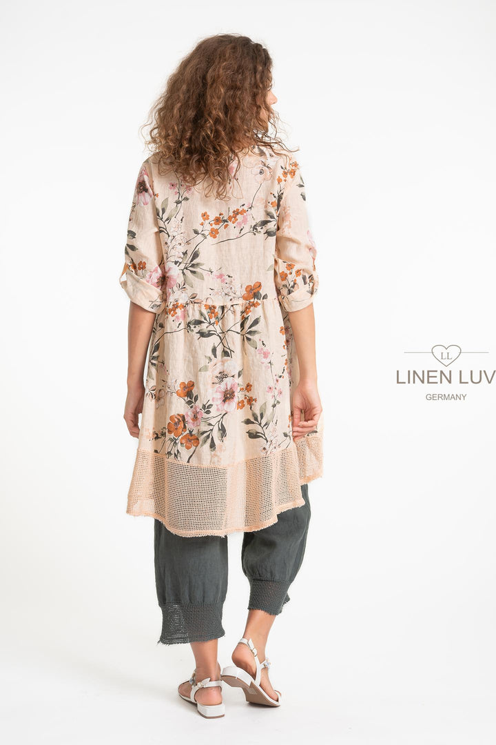 French Linen Tunic Print Crochet Hem - Breathable Naturals | Glam & Fame Clothing