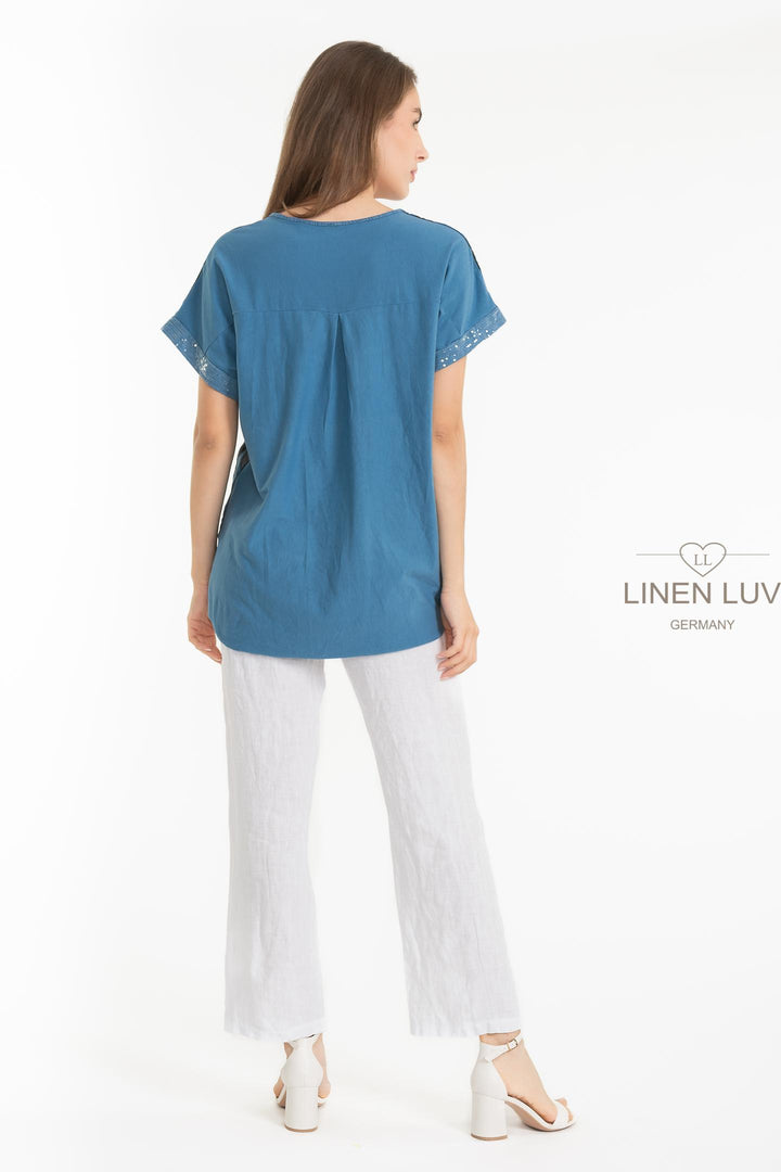 French Linen Blend Top Shimmer Accent - Breathable Naturals | Glam & Fame Clothing