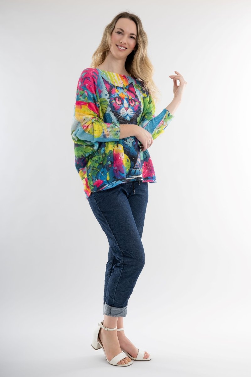 Euro Wool Blend Art Top Cat Sweater - Breathable Naturals | Glam & Fame Clothing