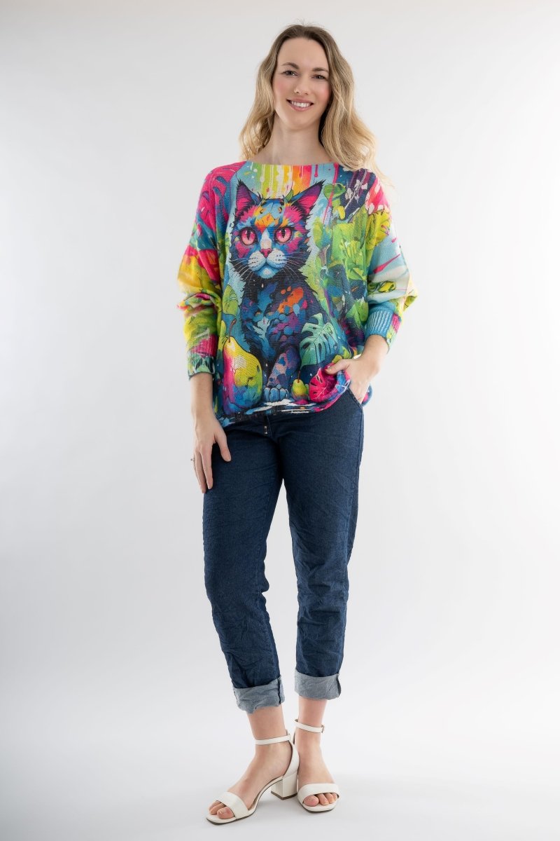 Euro Wool Blend Art Top Cat Sweater - Breathable Naturals | Glam & Fame Clothing