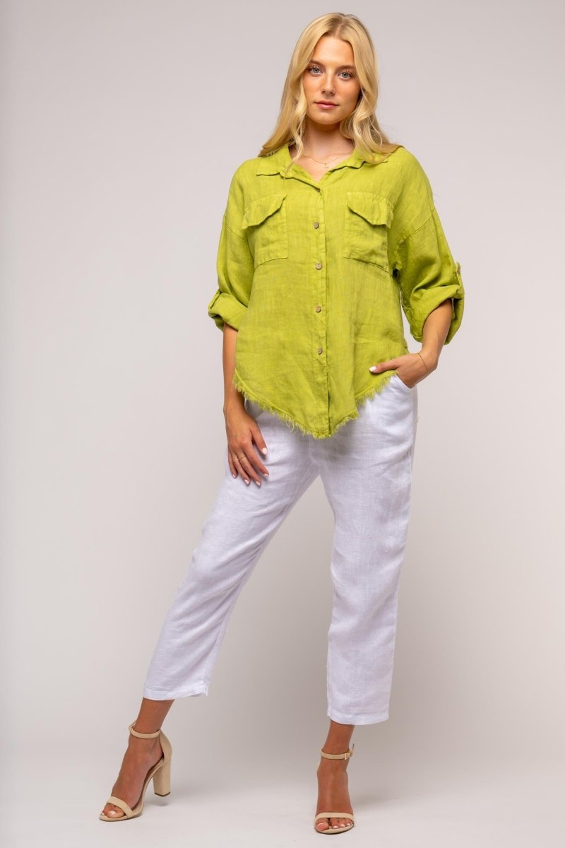 French Linen Shirt Fringe Hem - Breathable Naturals | Glam & Fame Clothing