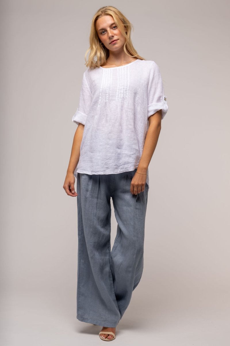 Euro Crafted French Linen Blouse Pleat Accents - Breathable Naturals | Glam & Fame Clothing