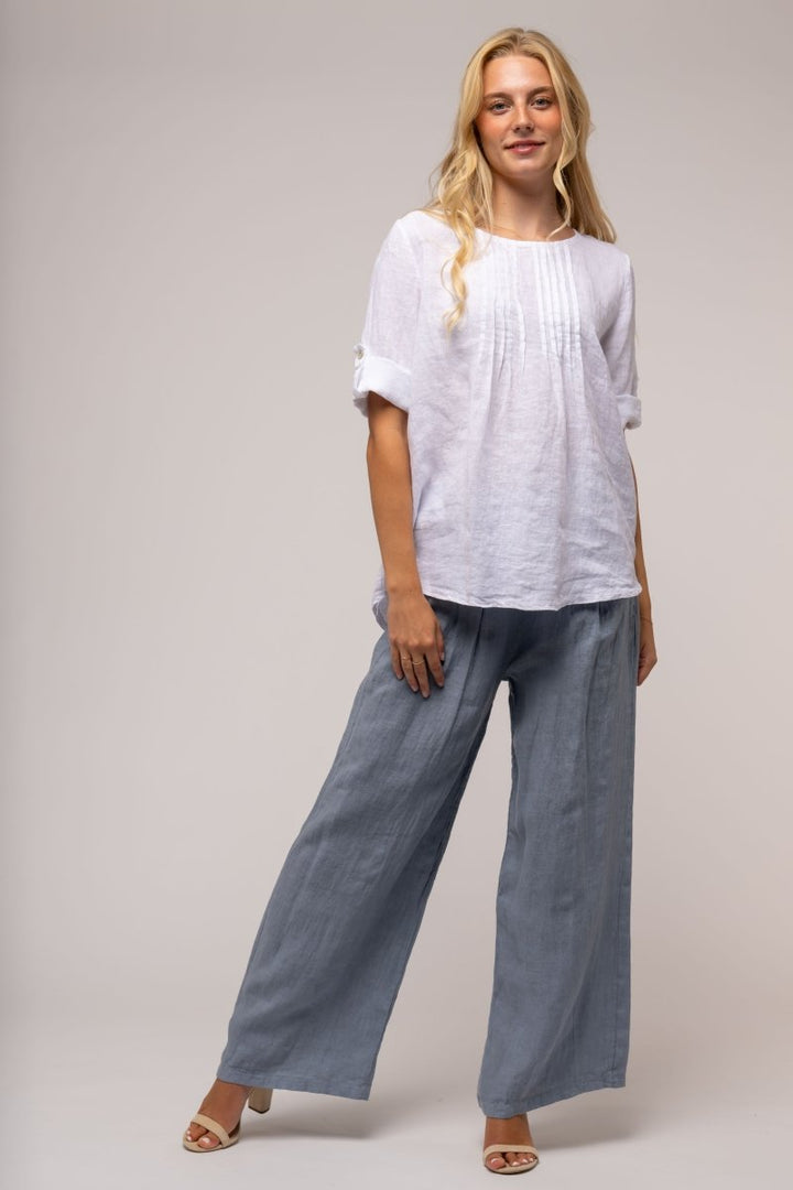 Euro Crafted French Linen Blouse Pleat Accents - Breathable Naturals | Glam & Fame Clothing