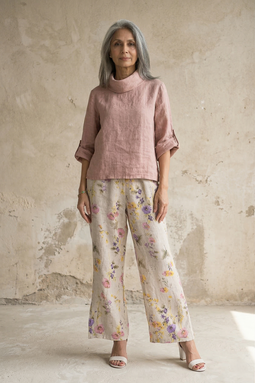 French Linen Blouse Cowl Neck Button Accent