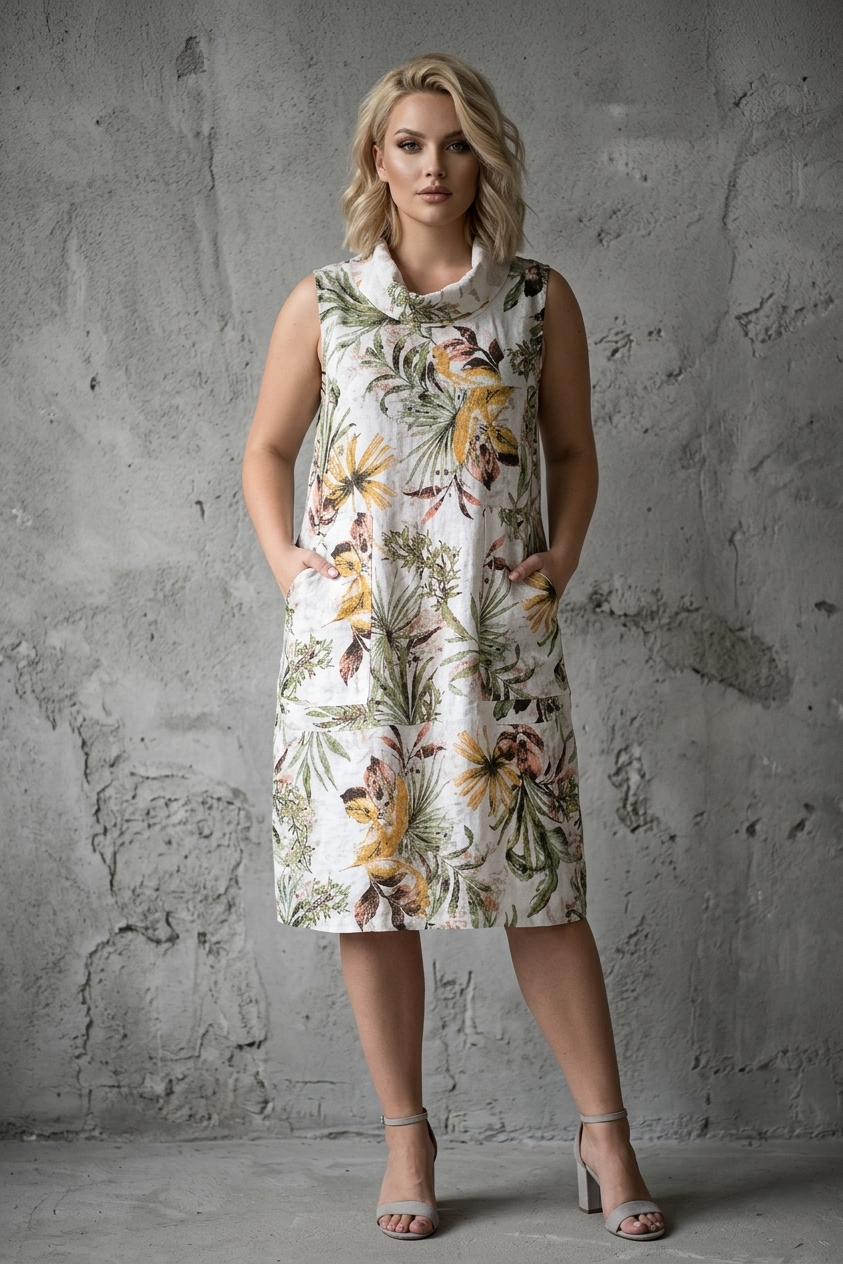 French Linen Cowl Midi Dress SLV/L Print - Breathable Naturals | Glam & Fame Clothing