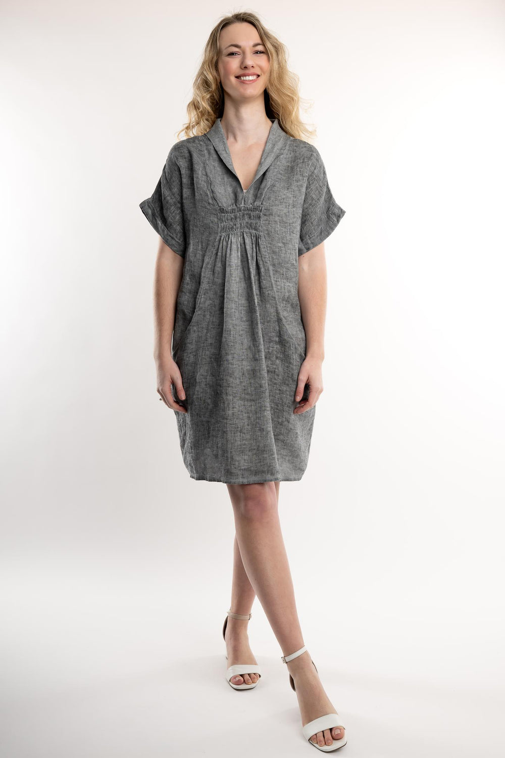French Linen Dress Vintage Wash Shawl Neck - Breathable Naturals | Glam & Fame Clothing