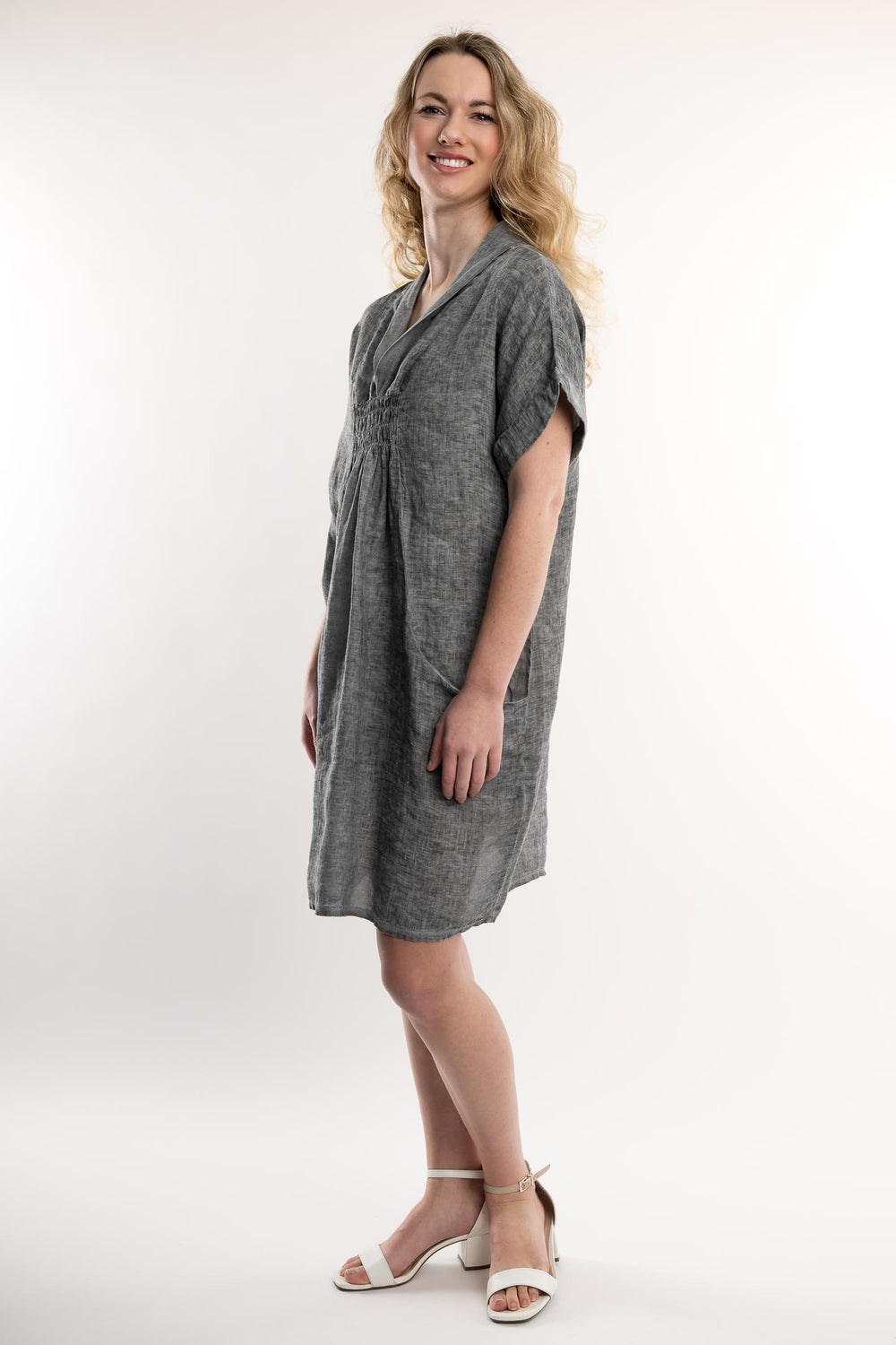 French Linen Dress Vintage Wash Shawl Neck - Breathable Naturals | Glam & Fame Clothing