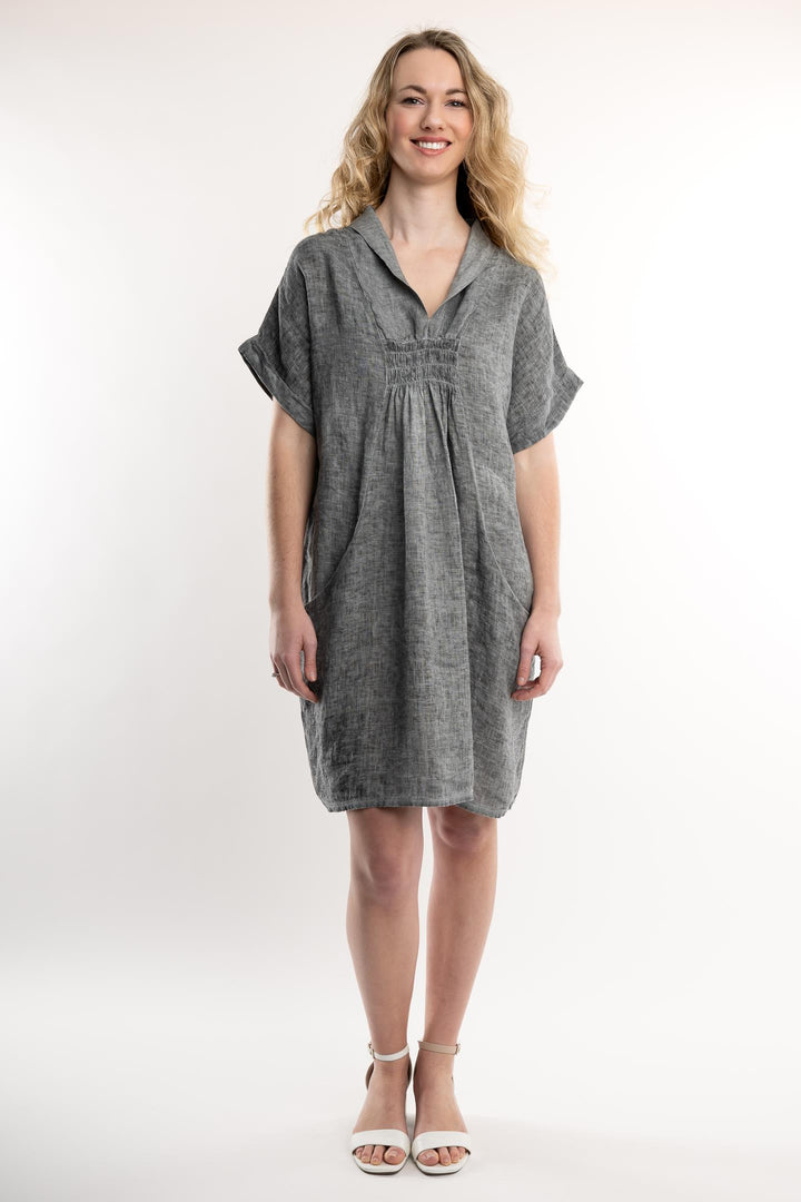 French Linen Dress Vintage Wash Shawl Neck - Breathable Naturals | Glam & Fame Clothing