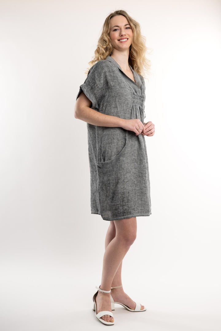 French Linen Dress Vintage Wash Shawl Neck - Breathable Naturals | Glam & Fame Clothing
