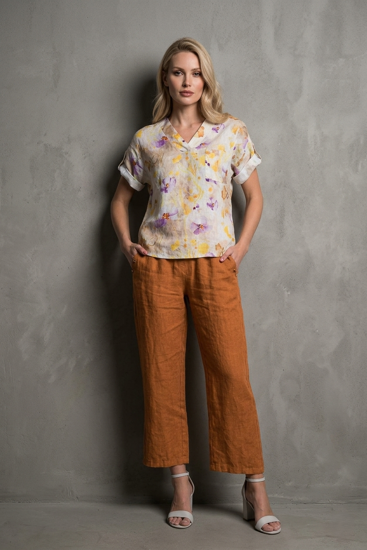 French Linen Blouse V-Neck Print - Breathable Naturals | Glam & Fame Clothing