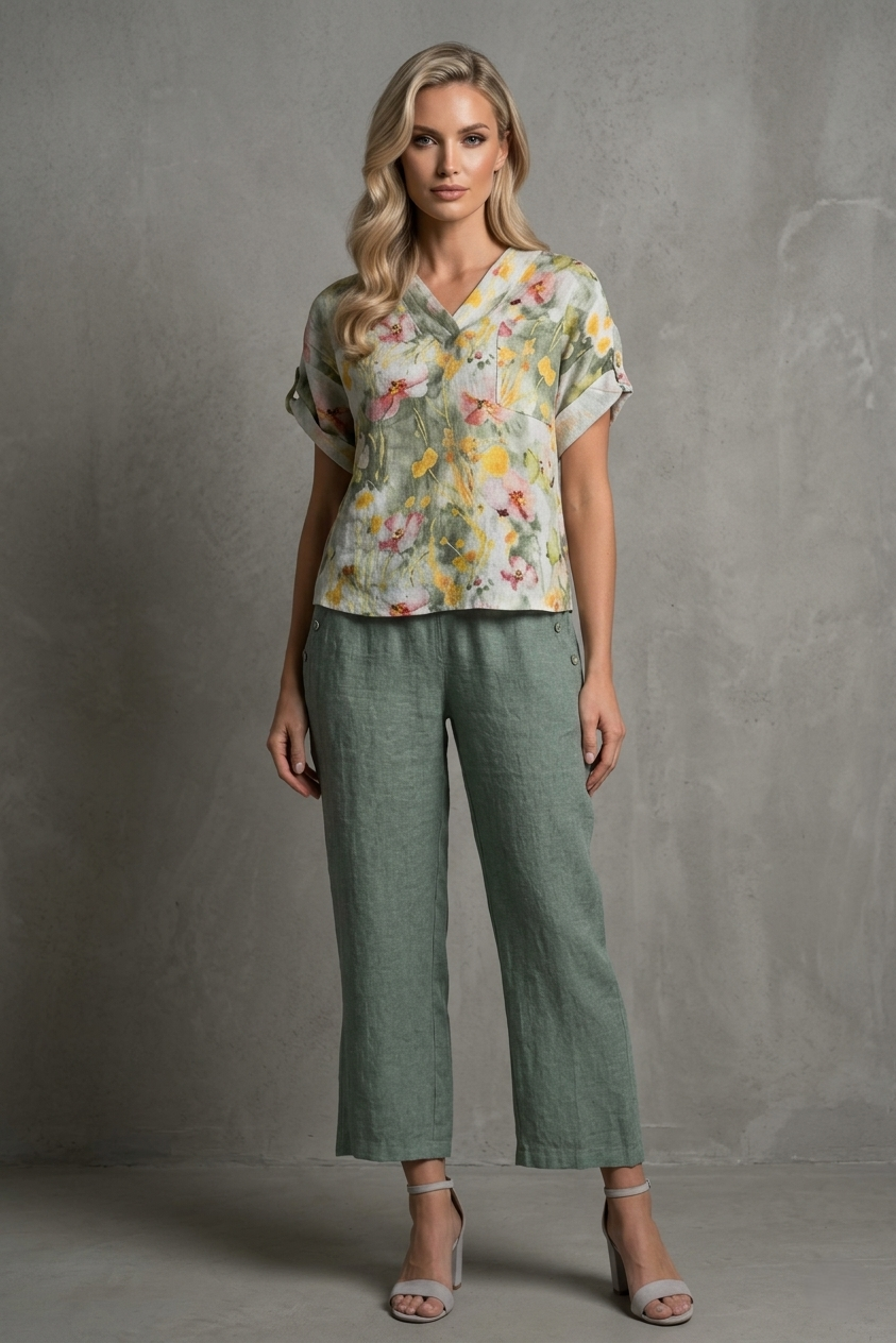 French Linen Blouse V-Neck Print - Breathable Naturals | Glam & Fame Clothing