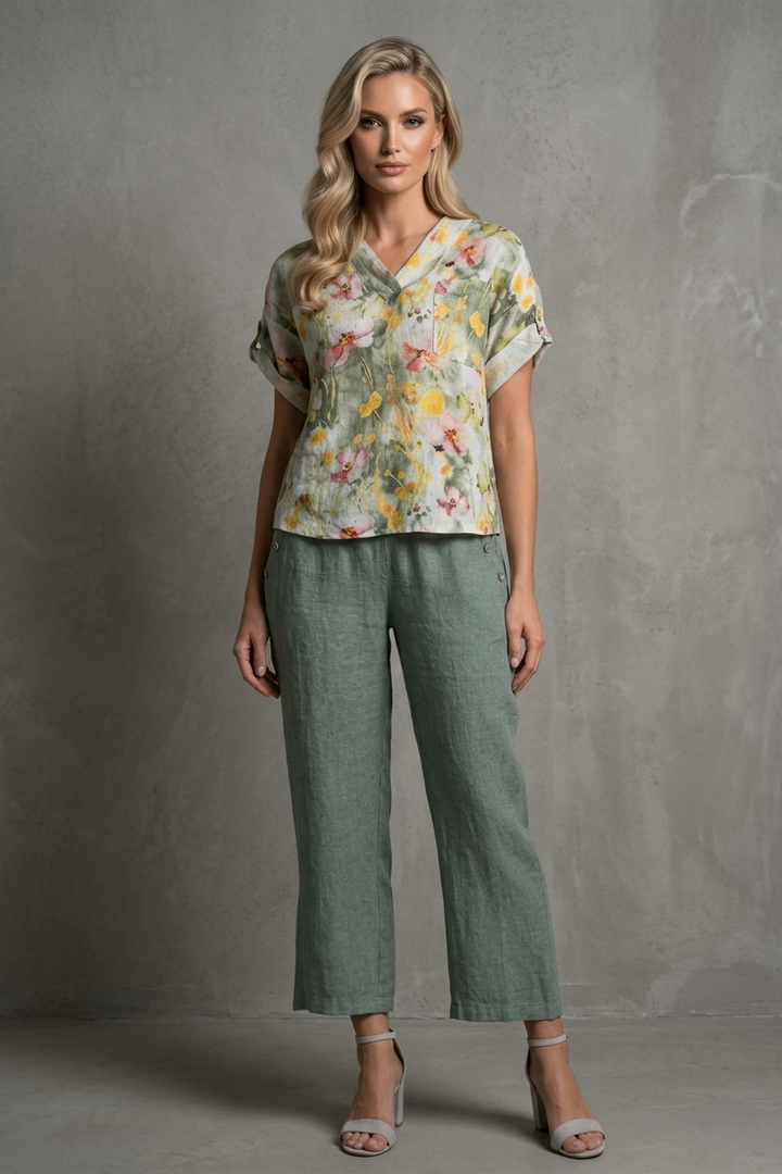 French Linen Blouse V-Neck Print - Breathable Naturals | Glam & Fame Clothing