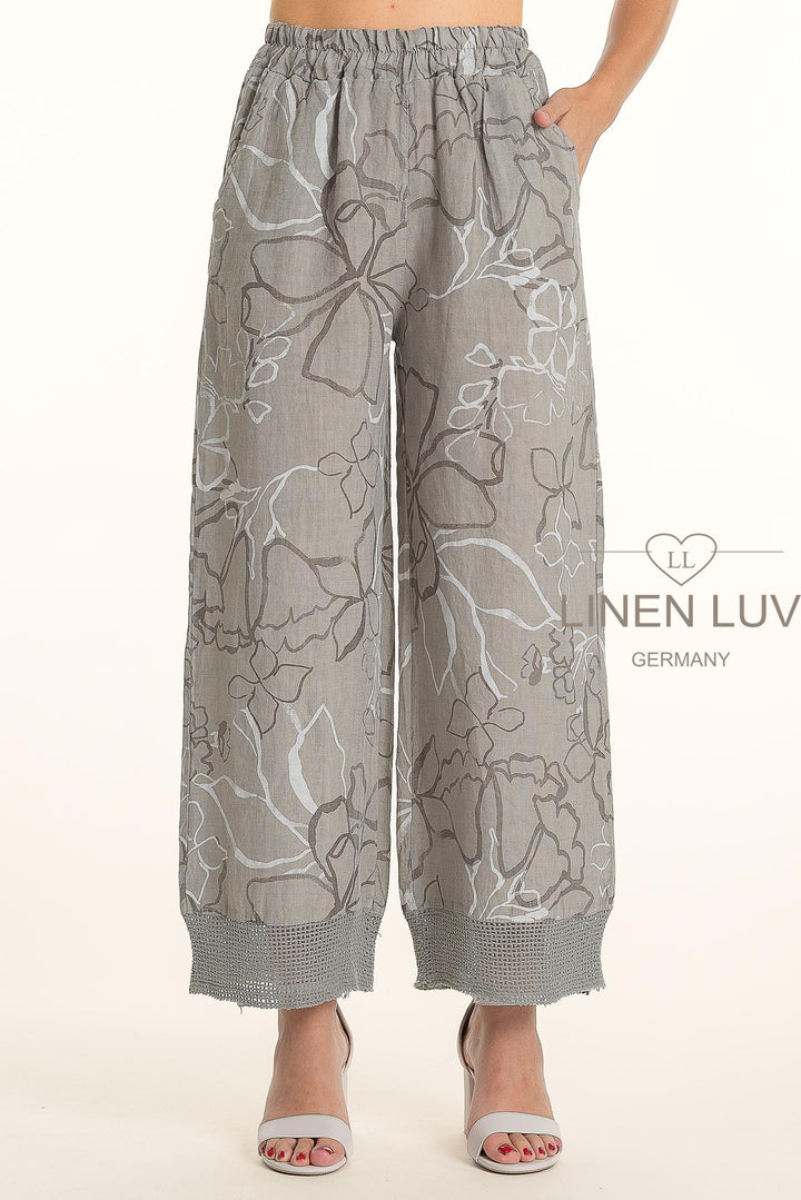 French Linen Crop Pant Print Hem Accent