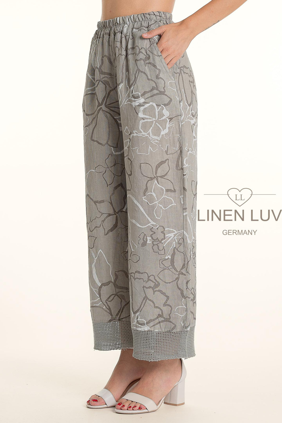 French Linen Crop Pant Print Hem Accent