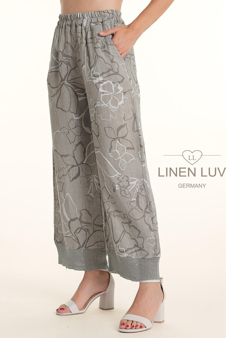 French Linen Crop Pant Print Hem Accent