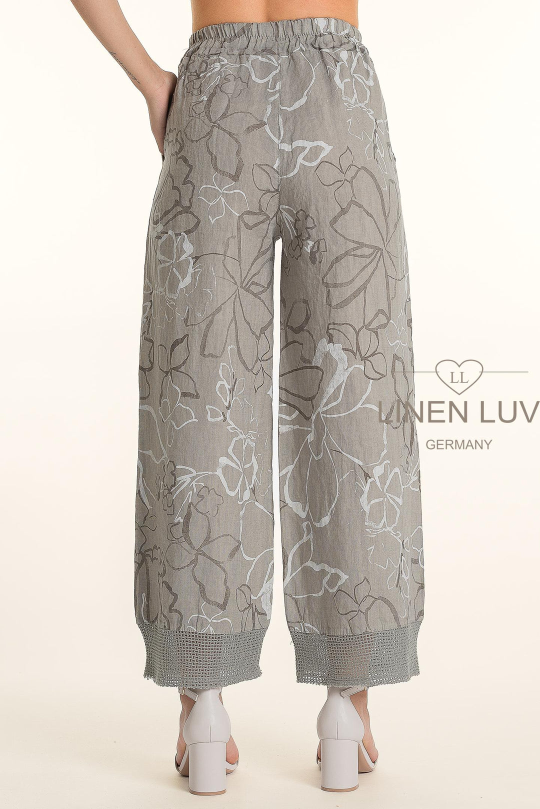 French Linen Crop Pant Print Hem Accent