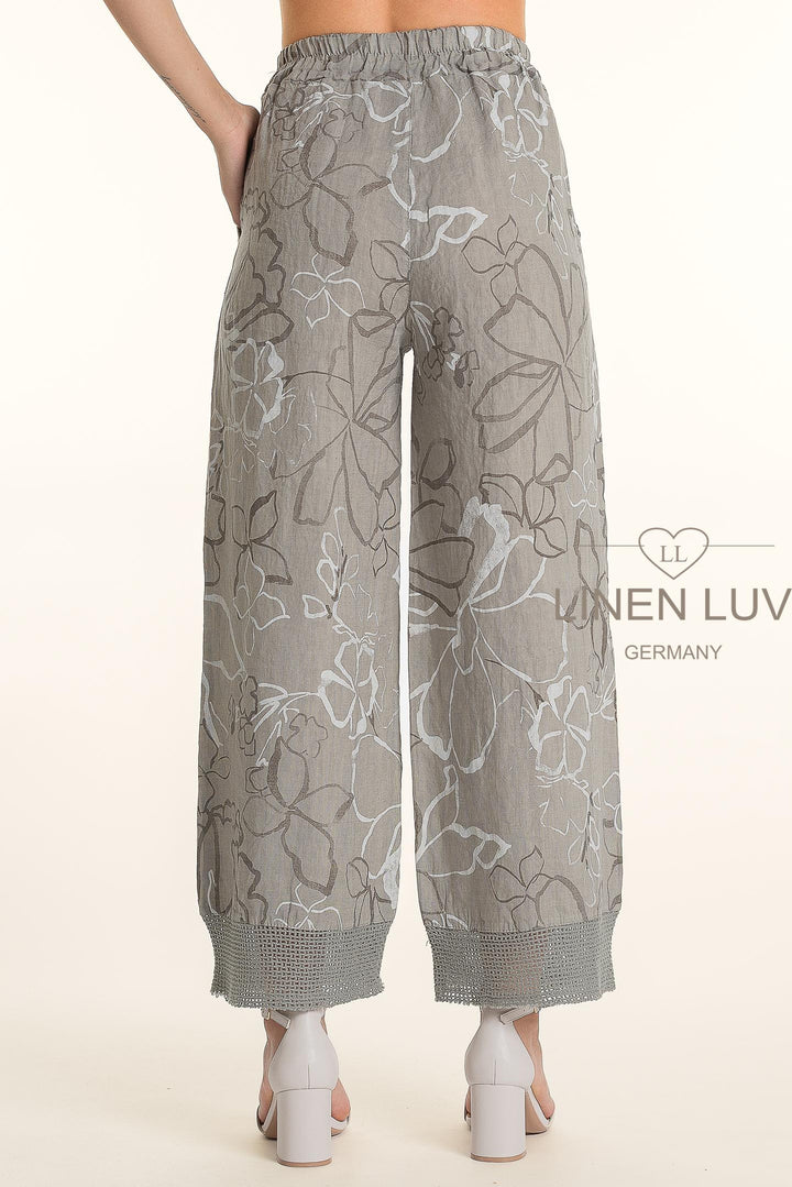 French Linen Crop Pant Print Hem Accent