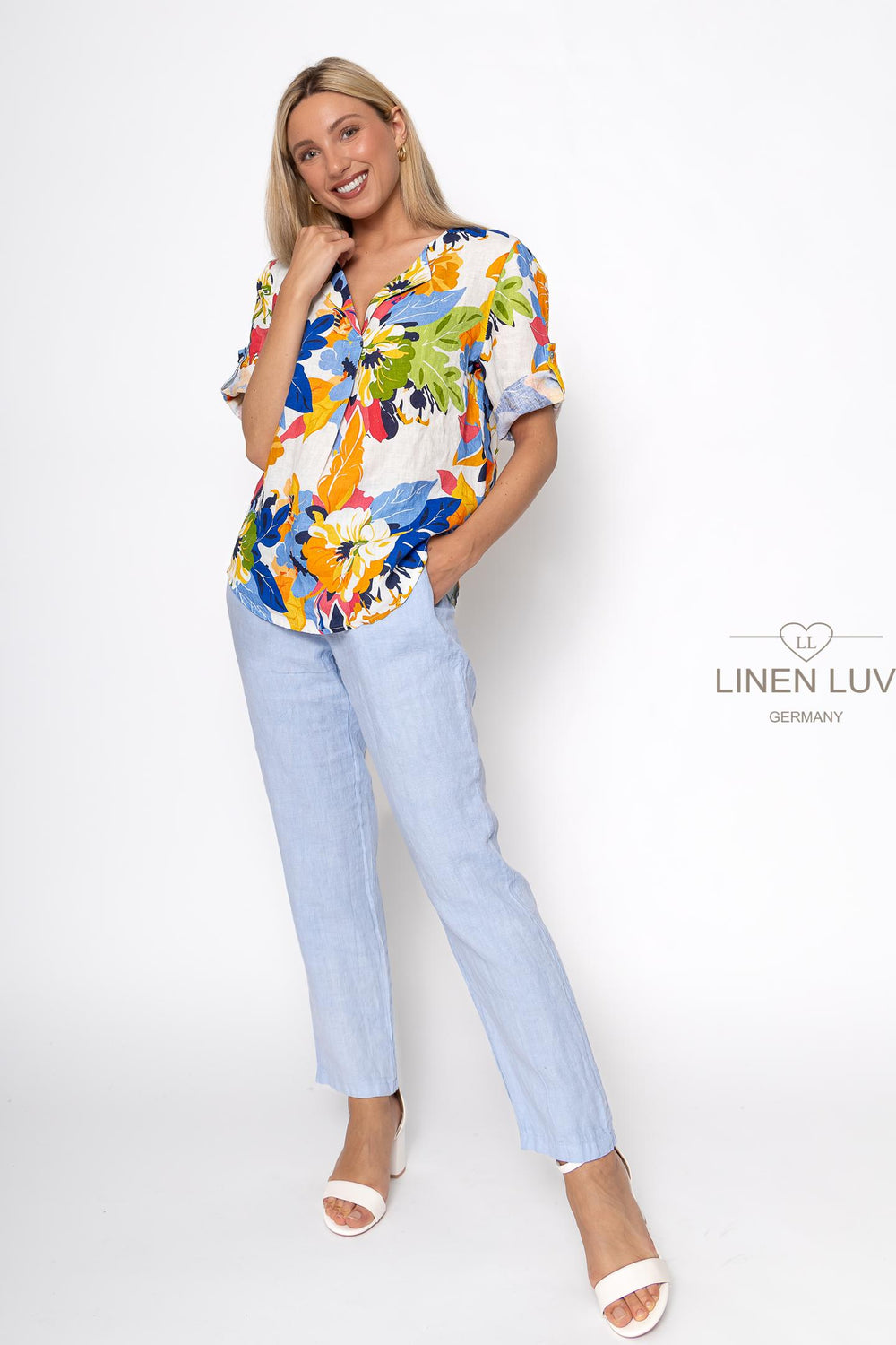 French Linen Top V-Neck Print - Breathable Naturals | Glam & Fame Clothing