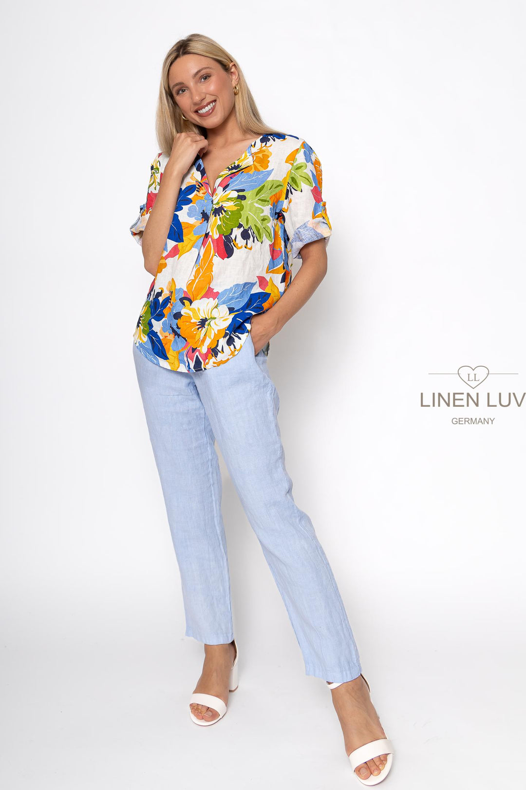 French Linen Top V-Neck Print - Breathable Naturals | Glam & Fame Clothing