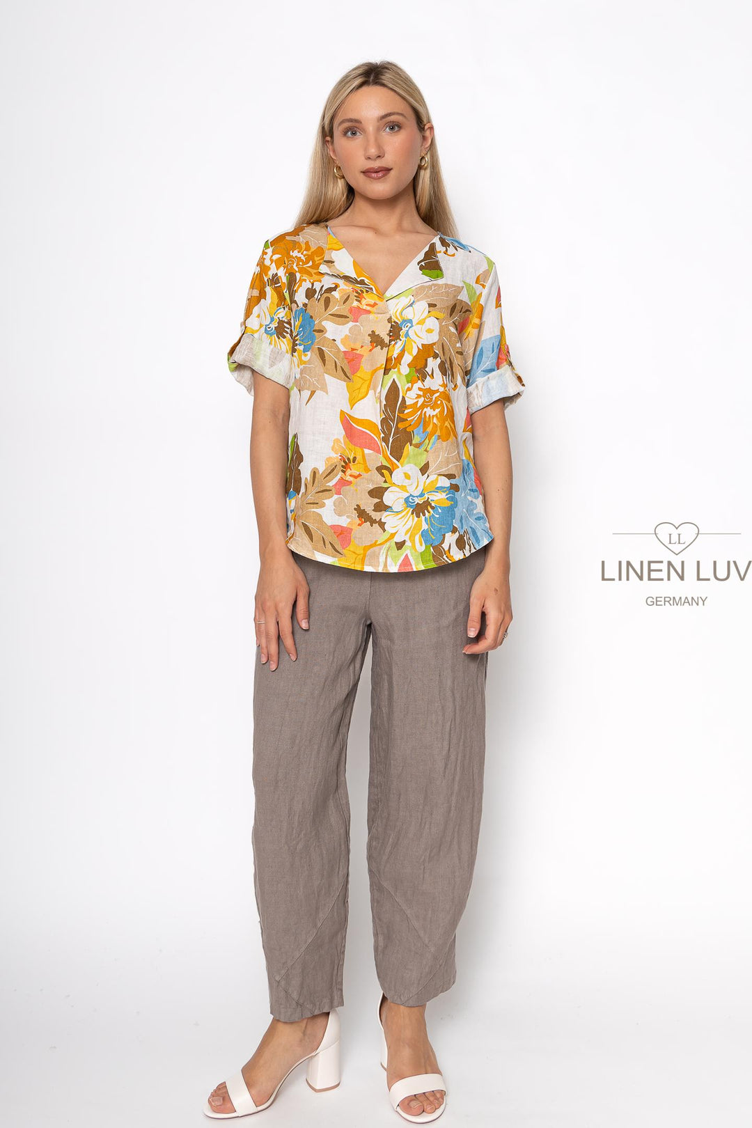 French Linen Top V-Neck Print - Breathable Naturals | Glam & Fame Clothing