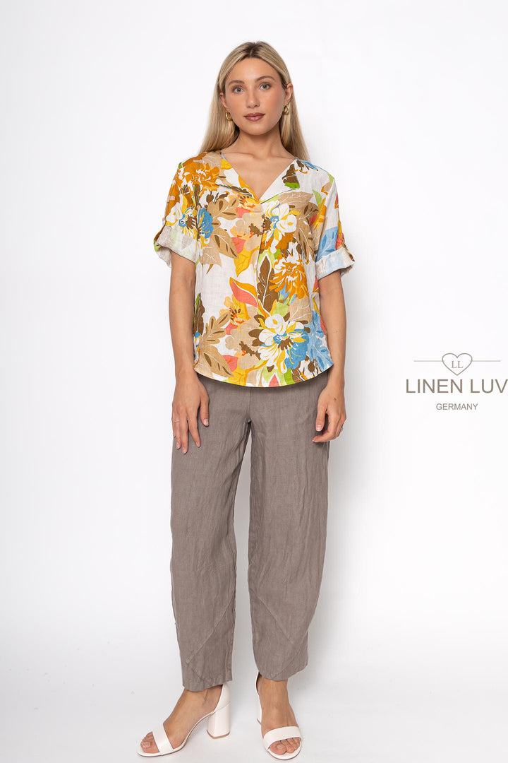French Linen Top V-Neck Print - Breathable Naturals | Glam & Fame Clothing