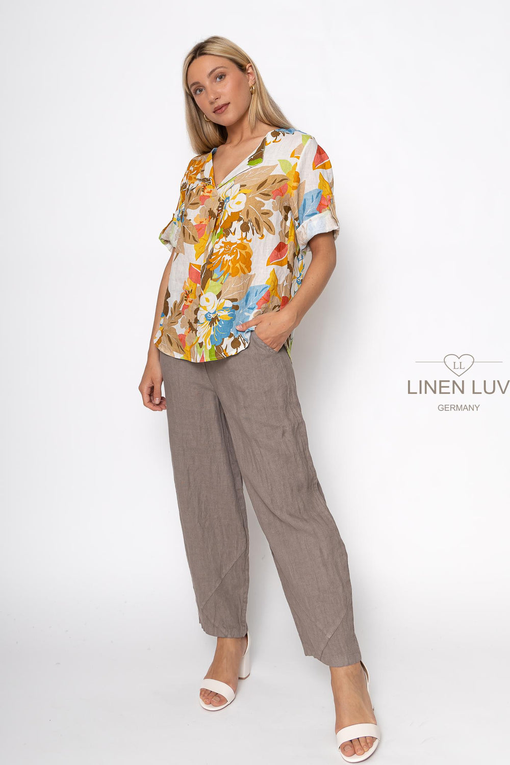 French Linen Top V-Neck Print - Breathable Naturals | Glam & Fame Clothing