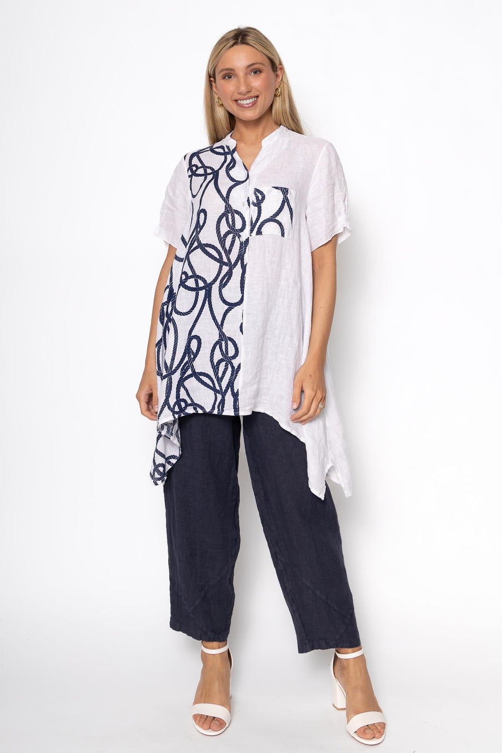 French Linen Tunic Blouse Nautical Print - Breathable Naturals | Glam & Fame Clothing