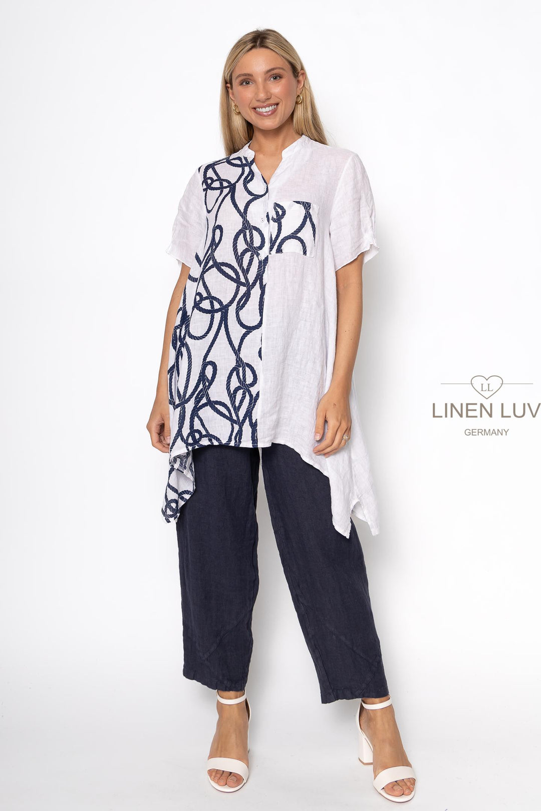 French Linen Tunic Blouse Nautical Print - Breathable Naturals | Glam & Fame Clothing