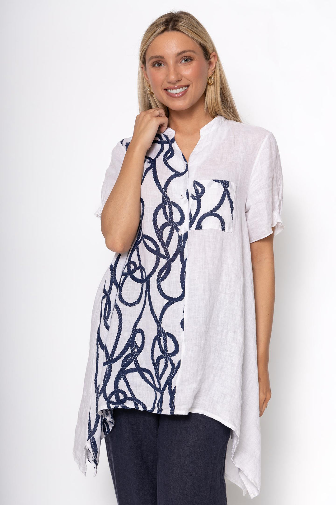 French Linen Tunic Blouse Nautical Print - Breathable Naturals | Glam & Fame Clothing