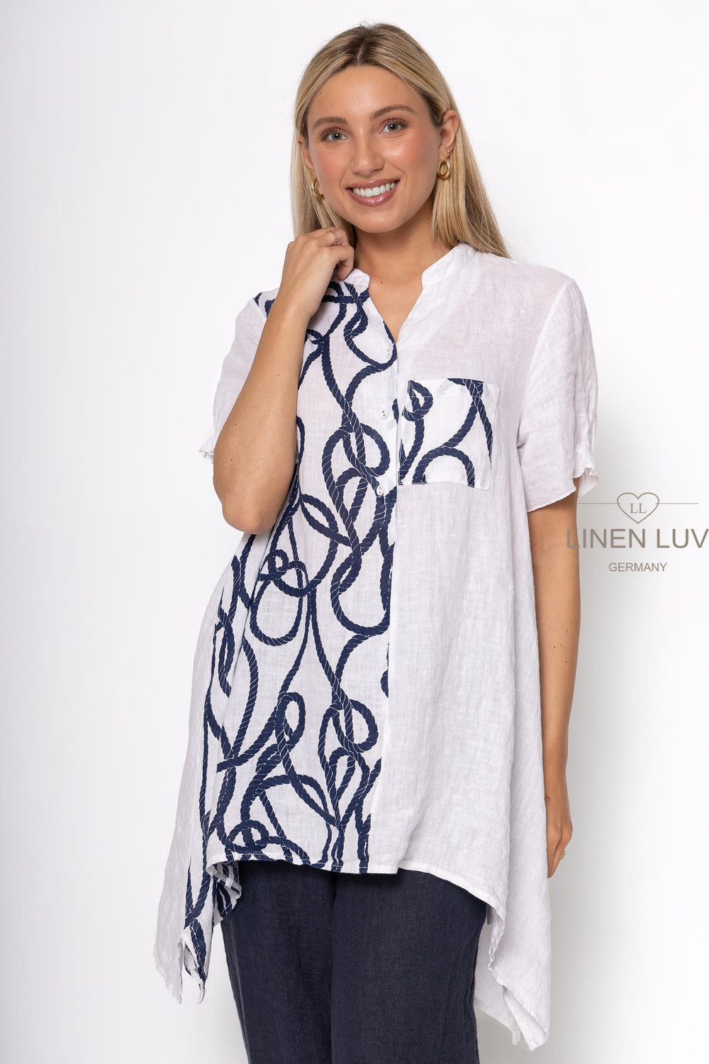 French Linen Tunic Blouse Nautical Print - Breathable Naturals | Glam & Fame Clothing