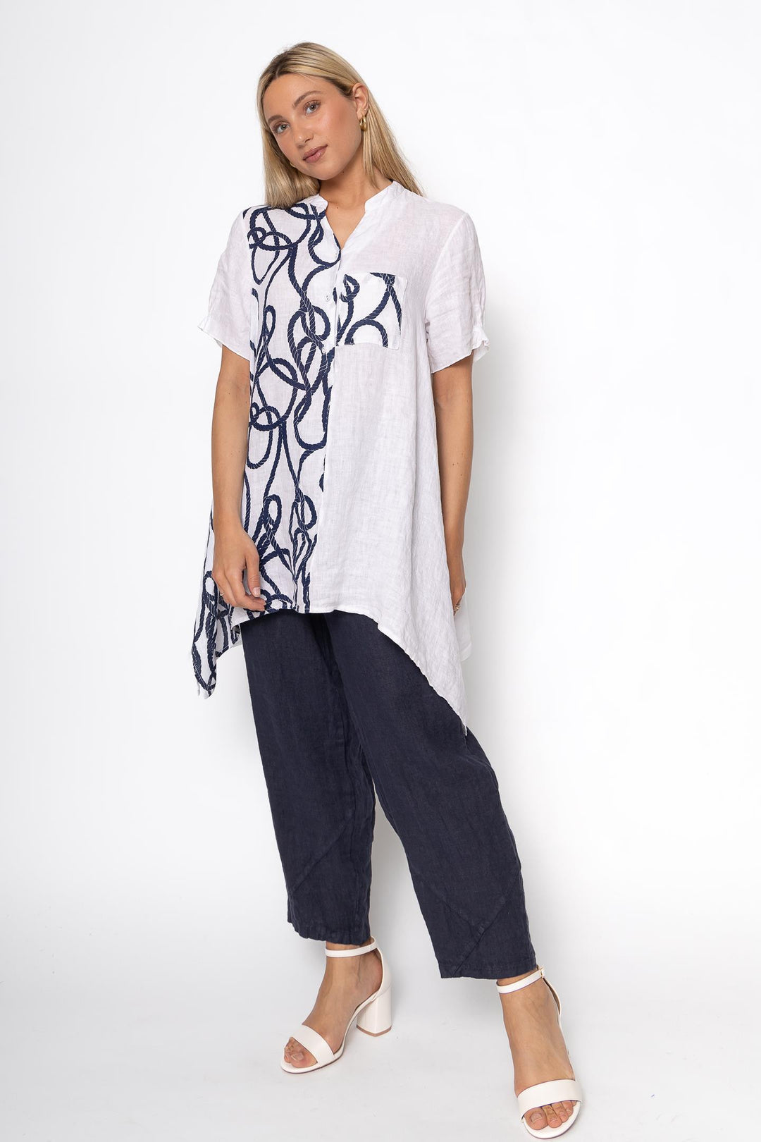 French Linen Tunic Blouse Nautical Print - Breathable Naturals | Glam & Fame Clothing