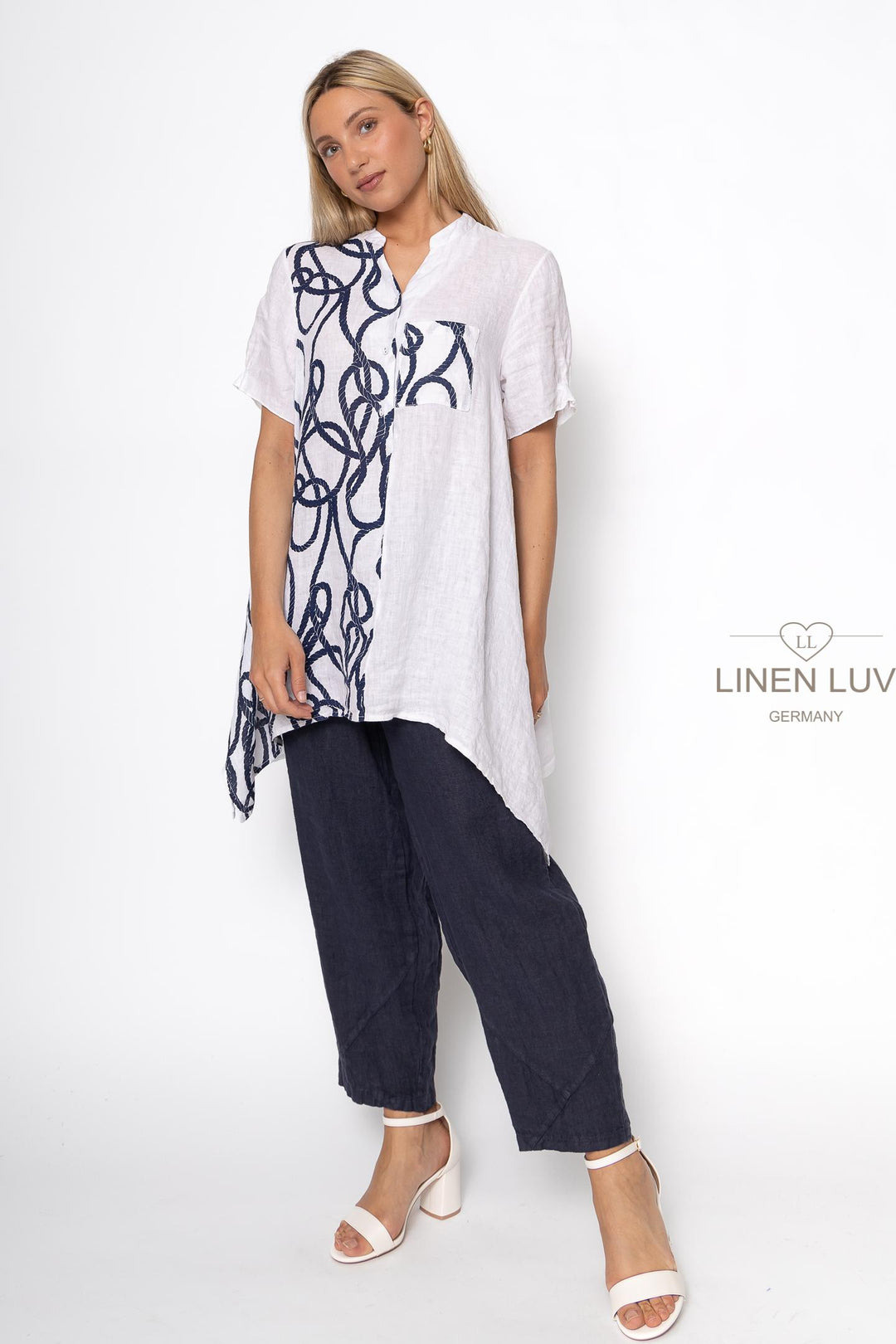 French Linen Tunic Blouse Nautical Print - Breathable Naturals | Glam & Fame Clothing