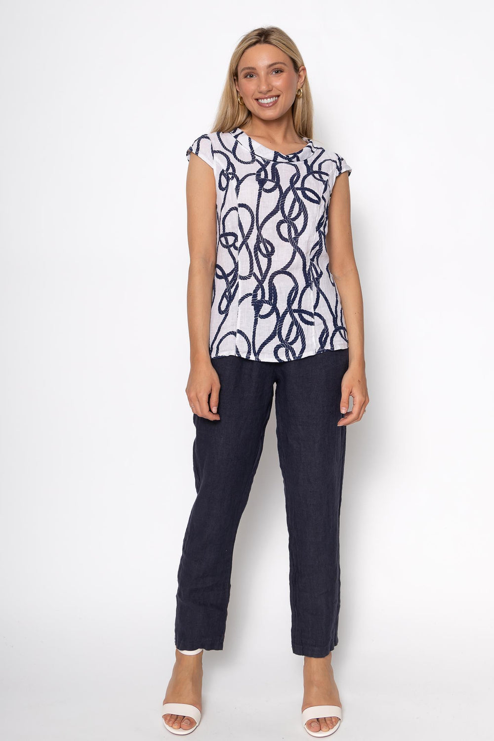 French Linen Cap Sleeve Blouse Nautical Print - Breathable Naturals | Glam & Fame Clothing